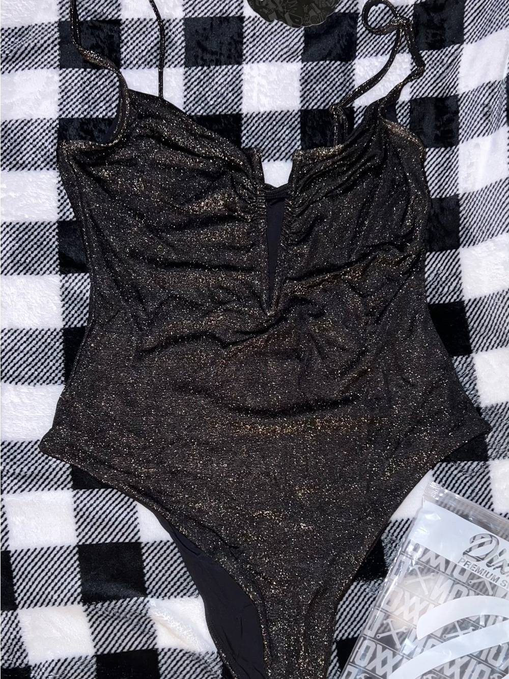 Woman’s Black & Gold Glitter One-Piece Swimsuit